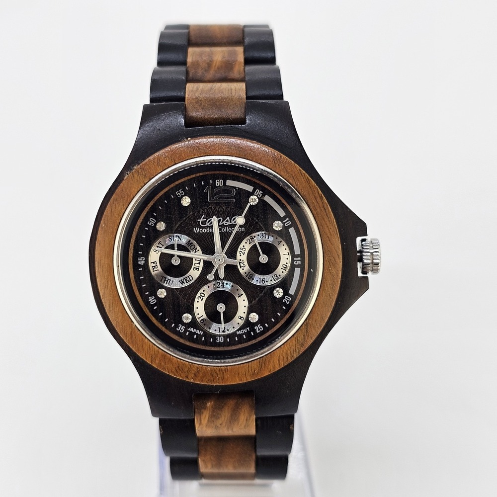 Tense Wooden Men's Watch 38MM Dark Brown Dial Two Tone Band 7" New Battery READ